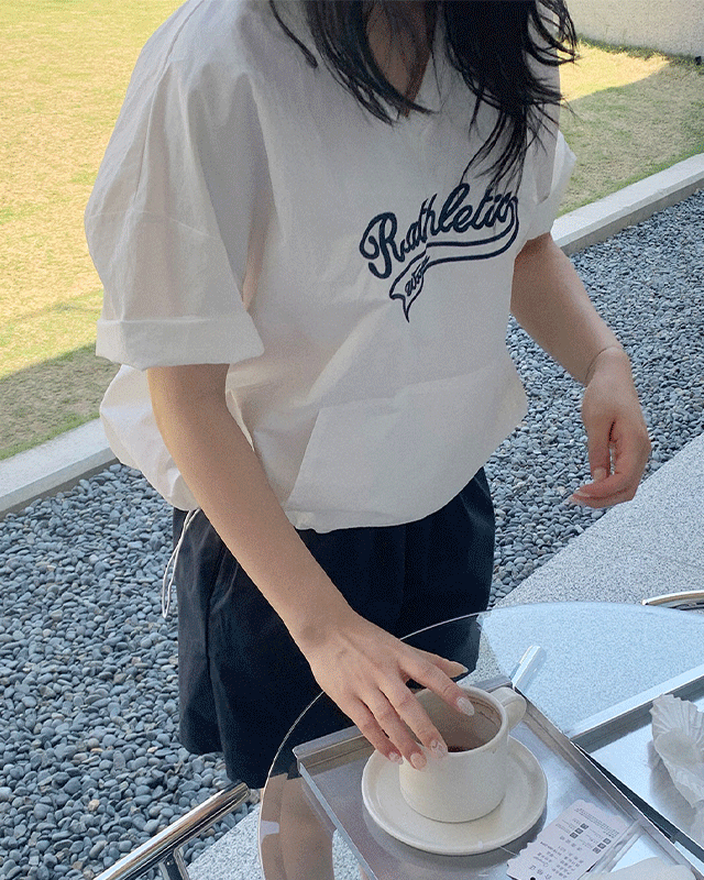 레터링 나일론 브이넥 반팔 티셔츠 (4color)
